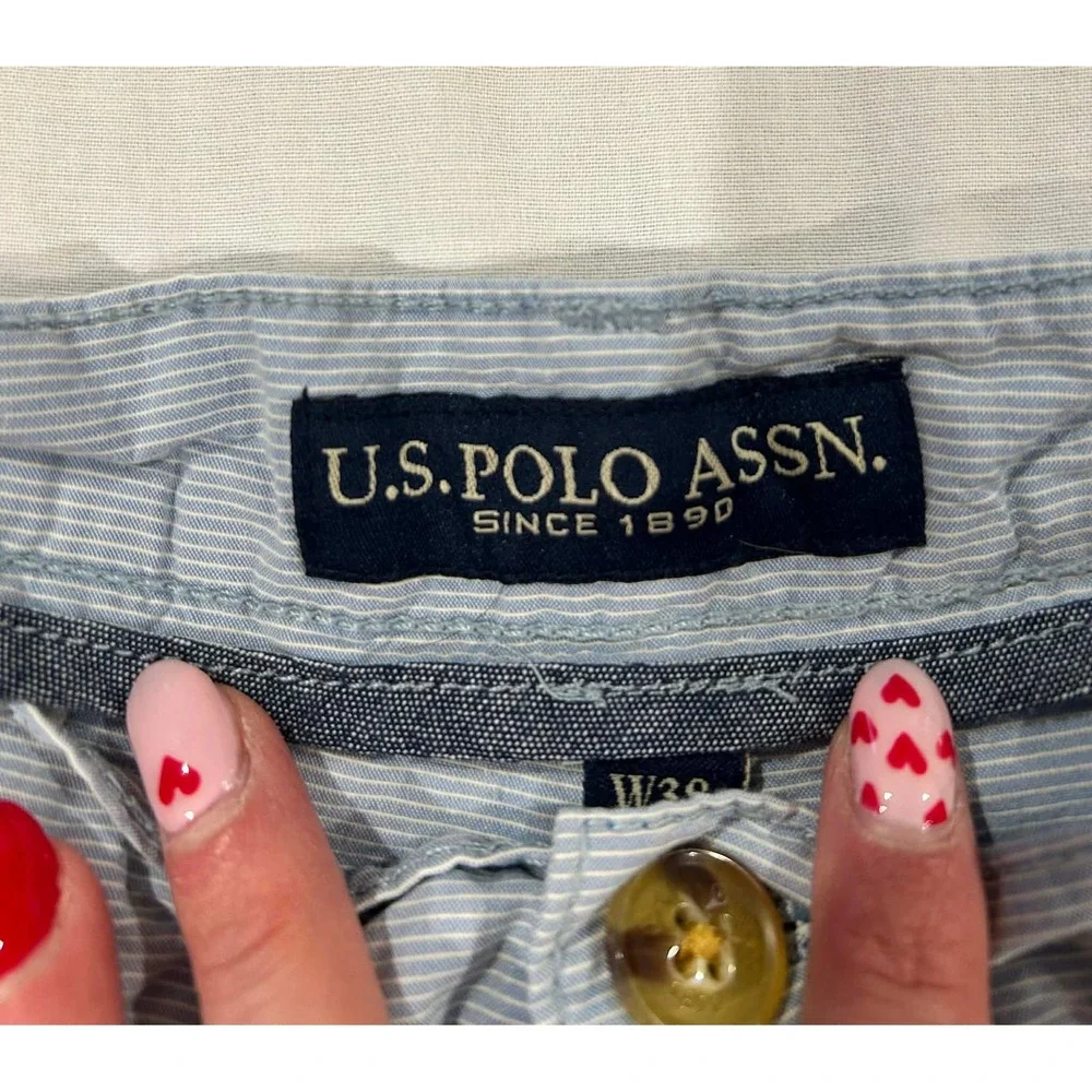 US Polo Assn Mens‎ Blue White Striped Chino Shorts Size 38 Flat Front Casual